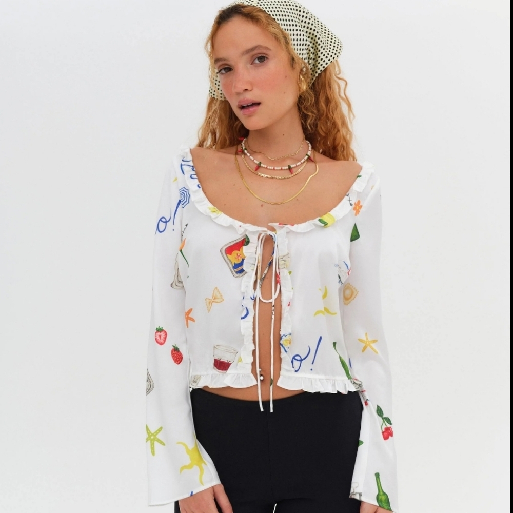 For Love & Lemons Carla White Blouse with Colorful Print XS